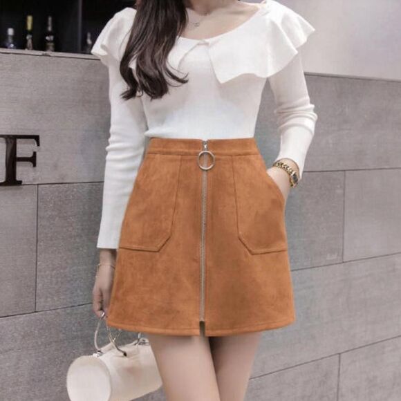 Orange Brown Faux Suede Skirt - Picture 4 of 5